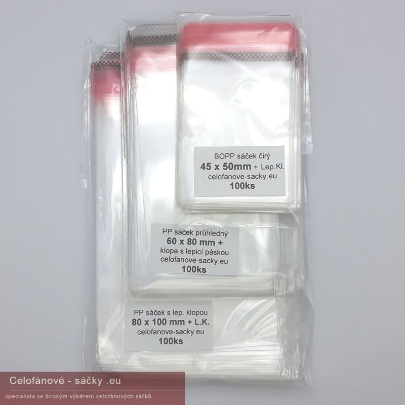 PP Celofánový sáček plochý s klopou a opakovaně lepící páskou, balení 100ks